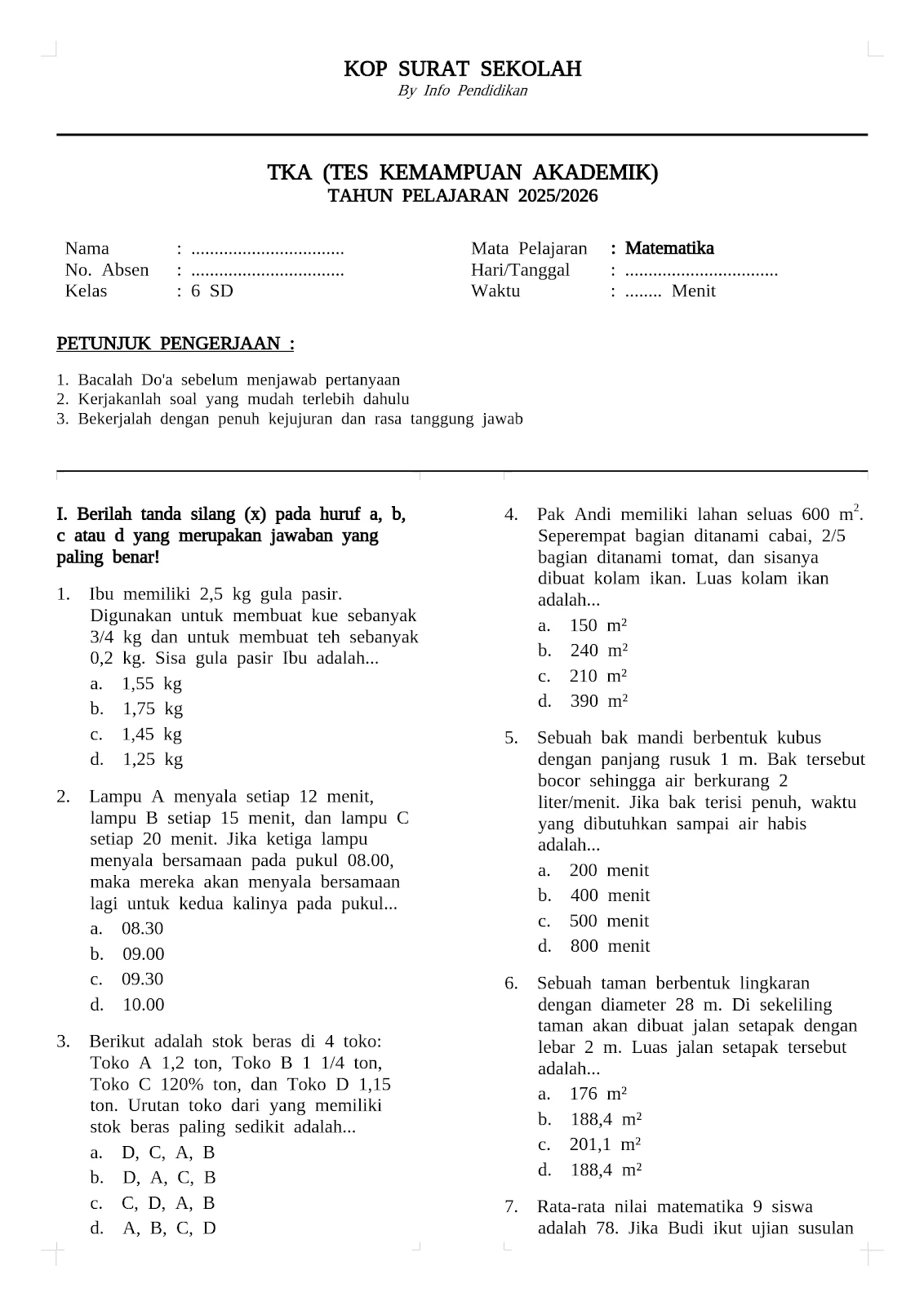 Paket 4 Soal TKA Matematika SD Kelas 6 dan Kunci Jawaban - JALURPPG ID Paket 4 Soal TKA Matematika SD Kelas 6 dan Kunci Jawaban - JALURPPG ID
