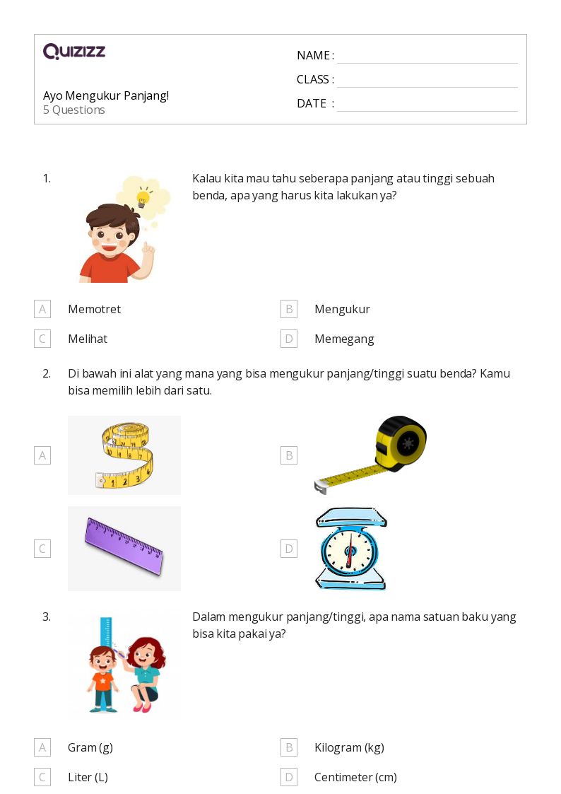 50 lembar kerja Mengukur Panjang untuk Kelas 2 di Quizizz Gratis