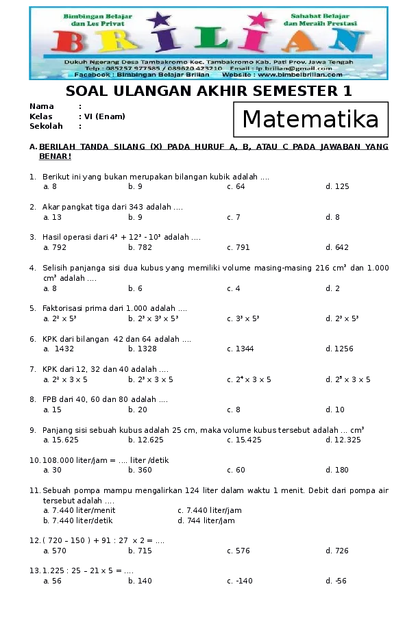 Contoh Soal Matematika Kelas 5 Semester 1 Dalchaebi