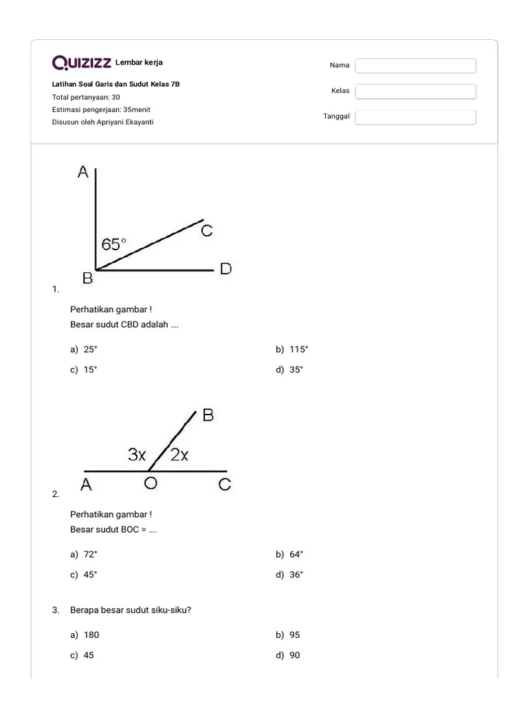 Latihan Soal Garis dan Sudut Kelas 7B PDF Latihan Soal Garis dan Sudut Kelas 7B PDF