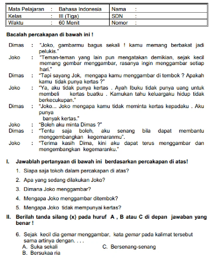 Soal Ujian Bahasa Indonesia Kelas 4 - Dunia Sosial Soal Ujian Bahasa Indonesia Kelas 4 - Dunia Sosial